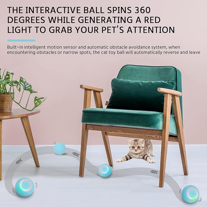 Interactive Cat Toys Ball, Automatic 360° Self-Rotating Rolling Ball with USB Rechargeable pet Exercise Chase Toy Balls for Kitten & Dog Playing