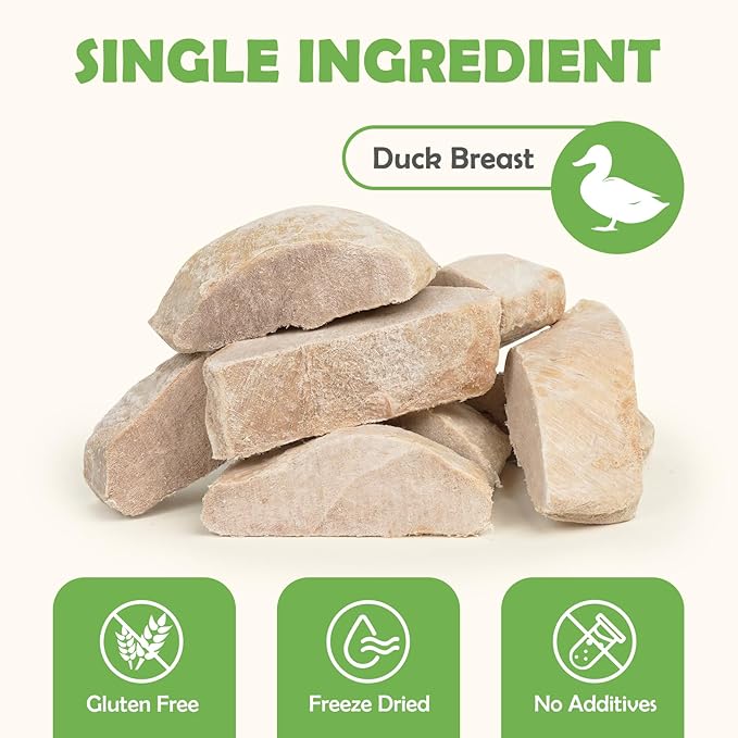 MON2SUN Freeze Dried Duck Breast Treats for Dogs & Cats - Whole Cut Chunks, Single Ingredient, High Protein, Grain Free Food Topper & Training Snacks, 9.2oz