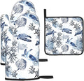Navy Blue Ocean Sea Turtle Oven Mitts and Pot Holders Sets of 3, Heat Resistant Non-Slip Gift for Cooking Enthusiasts, Coastal Beach Nautical Coral Kitchen Gloves for Baking BBQ Cooking Grilling Decor