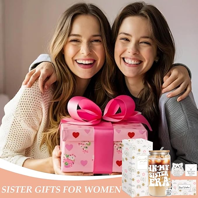 Sisters Christmas Gifts from Sister, Happy Birthday Sister Gifts, Unique Friendship Gift Set with 16oz Glass Cup for BFF Grandma Mom Daughter Teacher
