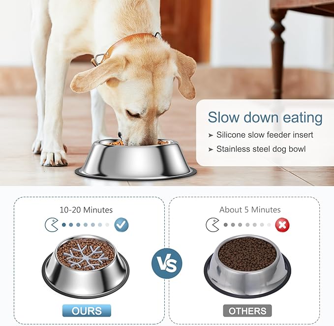 2-in-1 Metal Dog Bowl with Slow Feeder Insert, Food Grade 304 Slow Feeder Dog Bowls, Non-Slip Bottom, Pet Slower Food Feeding Bowls for Increases Feeding Time, Reduces Digestive Problems (M)