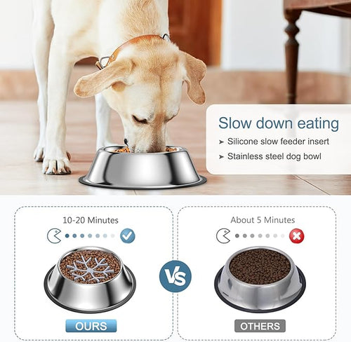 2-in-1 Metal Dog Bowl with Slow Feeder Insert, Food Grade 304 Slow Feeder Dog Bowls, Non-Slip Bottom, Pet Slower Food Feeding Bowls for Increases Feeding Time, Reduces Digestive Problems (M)