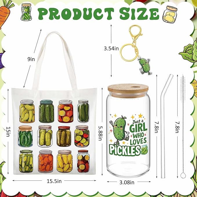 Paterr 4 Pcs Pickle Gifts for Women Pickle Themed Gift for Mother's Day Birthday Party Decorations, with Canvas Tote Bag 16oz Glass Coffee Cup with Straw Socks Cute Keychain