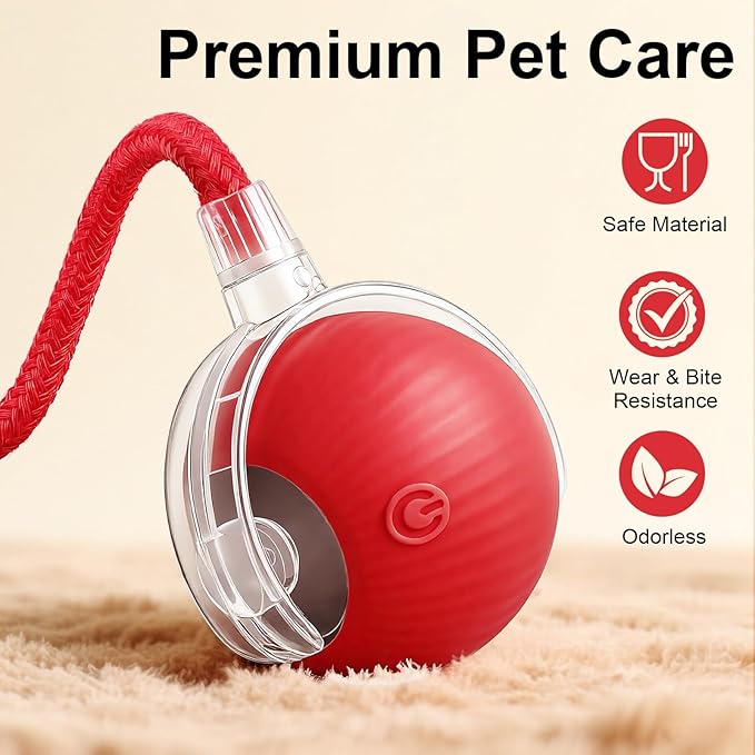 Interactive Electric Automatic Rolling Moving USB Rechargeable Self Activated Play Stimulation Toy Smart Chase Teaser Ball with Rope for Bored Adult Indoor Kitten Cat and Puppy Dog, Pink