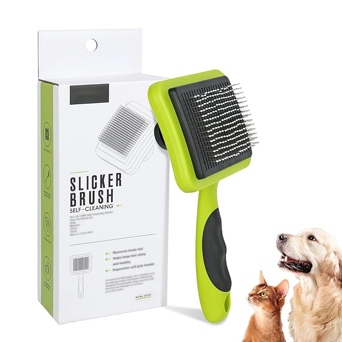 Self Cleaning Slicker Brush for Dogs Green Dog Shedding Brush Skin-Friendly Pet Grooming Tool for Long Short Haired Cats and Dogs Remove Loose Hair Mats Knots Tangles