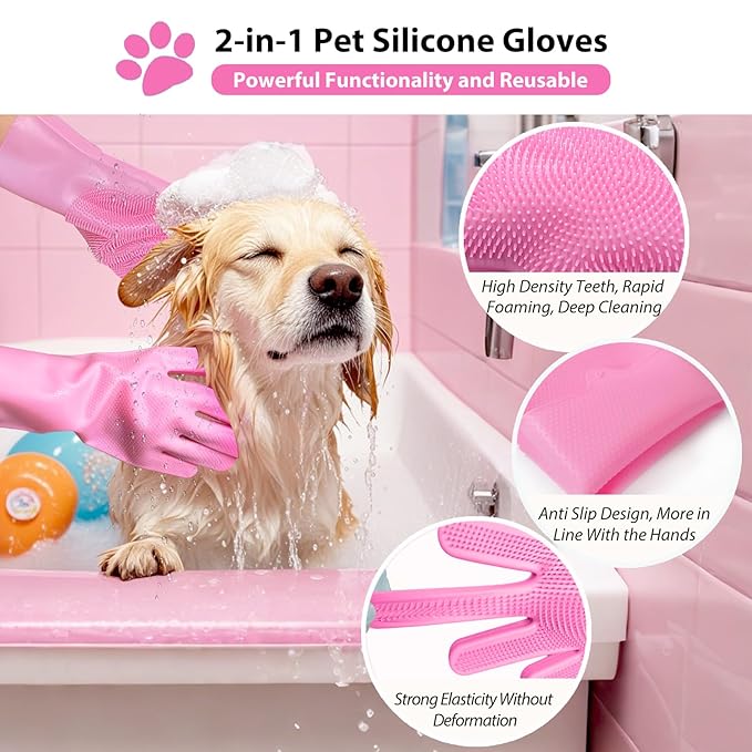 Dog Bath Gloves for Washing, Pet Grooming Gloves with Shampoo Brush, Dog Bath Brush for Dogs and Cats, Essential Dog Bath Supplies (1 Pair, Pink)