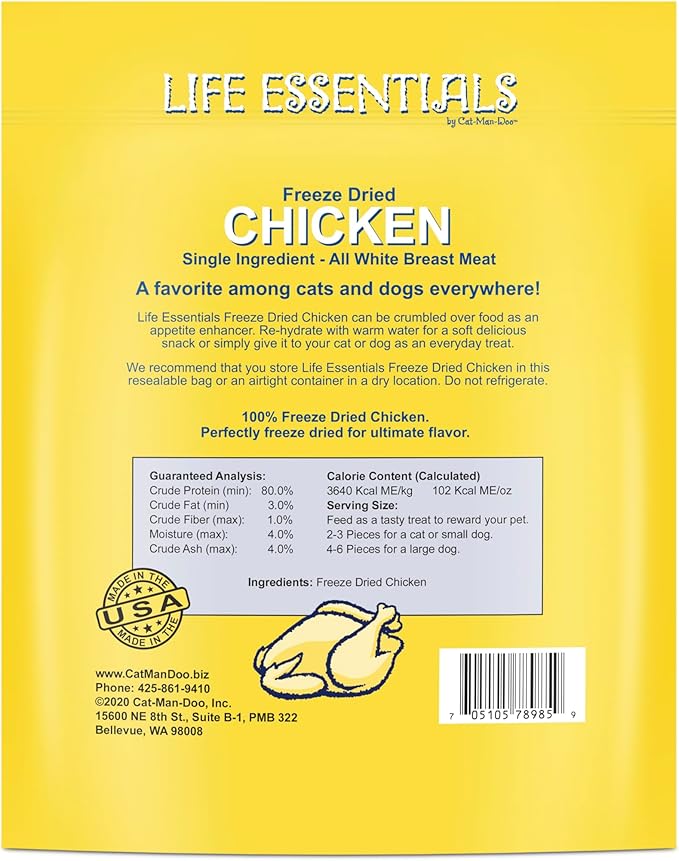 Life Essentials by Cat-Man-Doo Freeze Dried Chicken Dog & Cat Treats, Healthy Single Ingredient Training Treats for Dogs, Puppies & Cats, Made with Real Chicken – 5 oz (2 Pack)