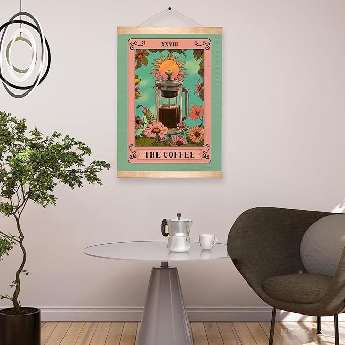 HEYJEEPER The Coffee Wall Art,Vintage Tarot Card Linen Print Posters,Green Floral Boho Kitchen Wall Hanging Decor for Cafe Bar,Dining Room, Barista Station, Gift for Coffee Lovers 14x18inch (Coffee02)