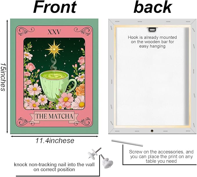 The Matcha Tarot Print Wall Art, Green Tea Vintage Posters Canvas Framed Prints Modern Home Decor, Retro Botanical Floral Poster for Living Room Entryway Bedroom Book Shelf Room Aesthetic