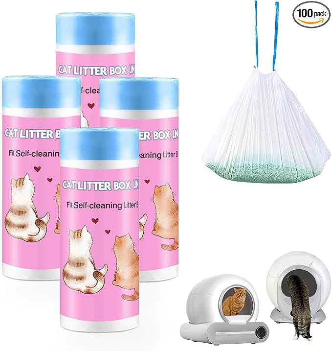 100 Count Self-Cleaning Cat Litter Box Liners Compatible With Pet Cove Automatic Cat Litter Box, 19" x 18" Drawstring Heavy Duty Kitty Litter Receptacles Bags Replacement Trash Bag