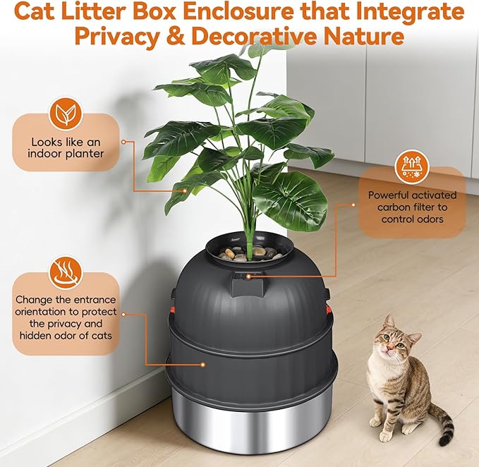 Three-Section Hidden Cat Litter Box, Stainless Steel Litter Box, Cat Litter Box Hidden with Faux Plant & Scoop, Vented Filter for Odor Control, Hidden Litter Box Furniture, Home Decor