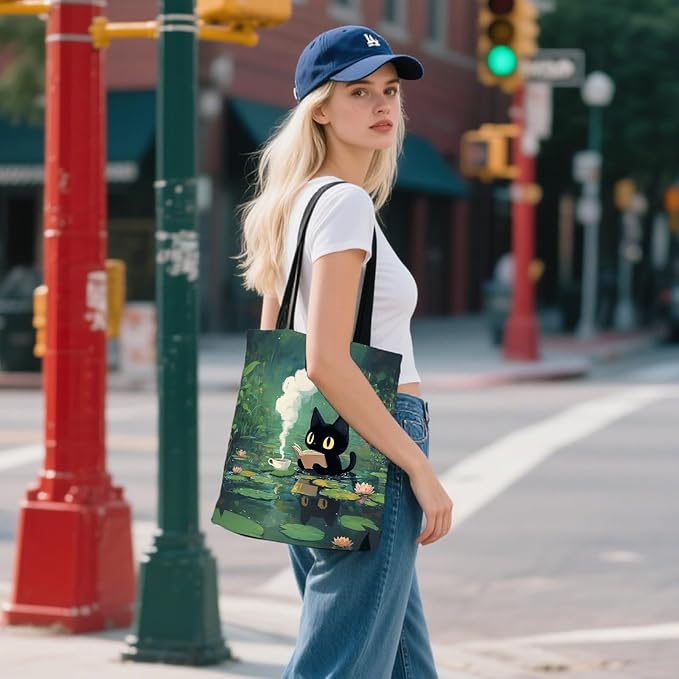 Aesthetic Canvas Tote Bag for Women - with Magnetic Snap Closure & Zipper Inner Pocket Reusable Bag for Shopping