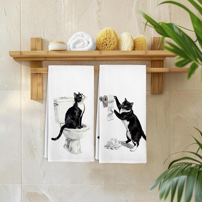 Funny Tuxedo Cat Hand Towels for Bathroom Washroom Kitchen Decor, Tuxedo Cat Gifts for Women Men, Cute Cats Decorative Hand Towels Set of 2, Black Kitty Themed Dish Tea Towel, 16x24 Inch