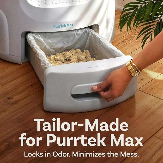 PurrTek Max Cat Litter Box Liners — LitterWrap Drawstring Bags for Automatic & Self-Cleaning Litter Boxes | Precision Fit, Jumbo Heavy-Duty, Leak-Proof, Unscented Odor Control, Replacement Refills
