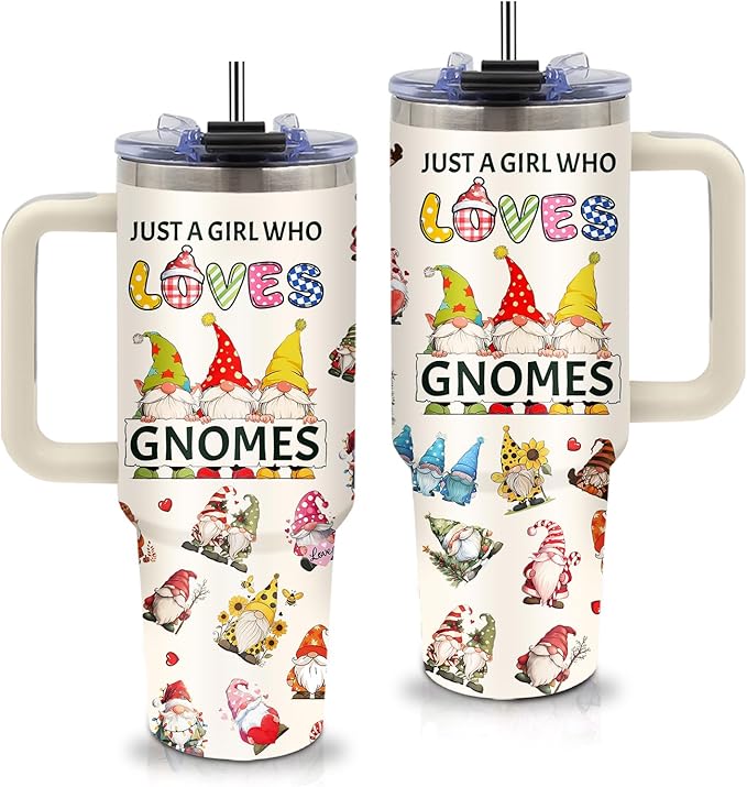 Gnomes Gifts for Women - 40oz Gnomes Tumbler with Straw and Handle, Leak-proof, Stainless Steel Insulated Tumblers, Travel Coffee Mug for Gnome Lovers, Garden Gnome Enthusiasts Gift Cup for Girls