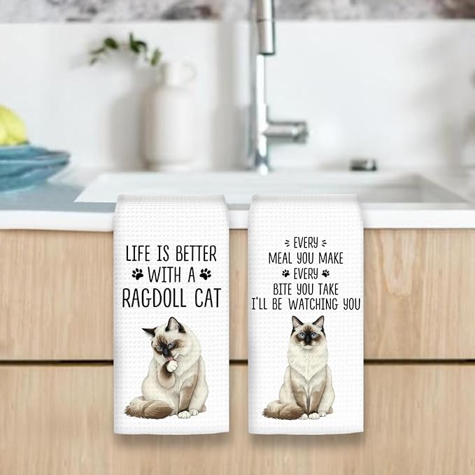 Ragdoll Cat Gifts Kitchen Towels Set of 2, Gifts for RagdollCat Lovers Hand Towels, Life is Better with a Ragdoll Cat Dish Towel Tea Towel for Kitchen, Cat Kitty Owners Kitchen Decor, 16x24In
