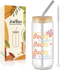 Joeyan Glass Cups with Lids and Straws - 20oz Iced Coffee Cup, Books Coffee Lover Glass Tumbler, Aesthetic Reading Drinking Glasses for Smoothie Boba Tea, Book Lover Gift for Women, Reader, Friend