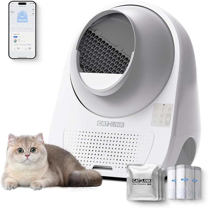 CATLINK Self Cleaning Cat Litter Box for Multiple Cats, Health Monitoring, Automatic Litter Box with APP, Odor Control, 65L Safe Pinch-Free Robot Cat Litter Box, White/Large (Luxury Pro-X Kit)