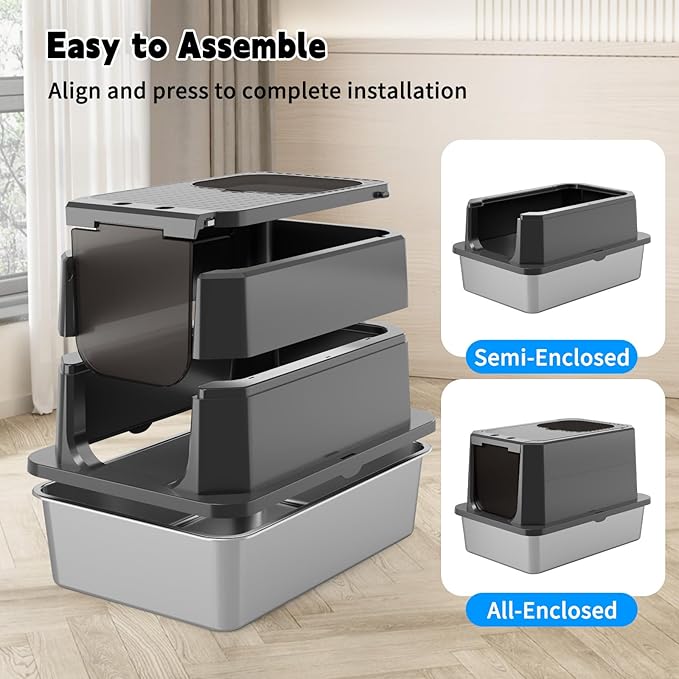 Enclosed Cat Litter Box: Large Stainless Steel Anti Leak Design - All Black - Controls Odor for Indoor Use