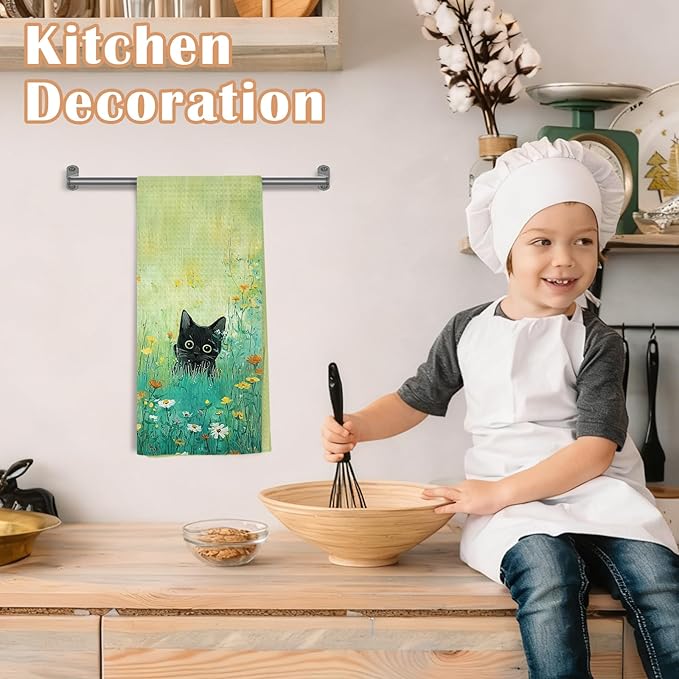 Green Meadow Floral Black Cat Decorative Kitchen Towels, Cat Lover Mom Lady Gifts, Aesthetic Cute Black Kitten Flower Hand Tea & Dish Towels for Bathroom Kitchen, 16x24 Inch