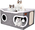 Extra Large Cat Beds for Indoor Cats, Covered Cat Cave Beds & Furniture with Scratch Pad and Fluffy Ball, Foldable Cat Condo Hideaway with Reversible Cushion for Multi Small Pet Large Kittens, Grey