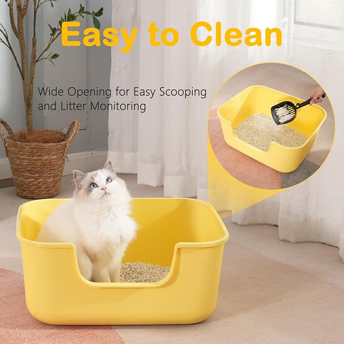 Large Cat Litter Box with High Sides,Cat Boxes for Indoor Cats,Cat Litter Pan for Kitty,Litter Box with Low Entry,Easy to Clean,Anti-Splashing (Green-Long Side Entry)
