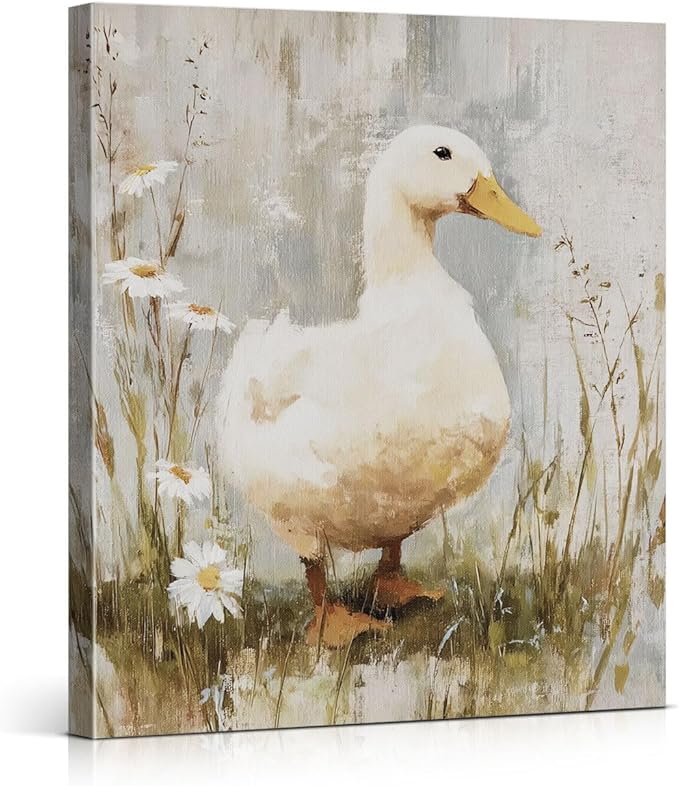 Rustic Floral Duck Canvas Wall Art Vintage Cute Duck Print Painting Cottagecore Wall Decor for Farmhouse Home Living Room 8x10 Inches Framed