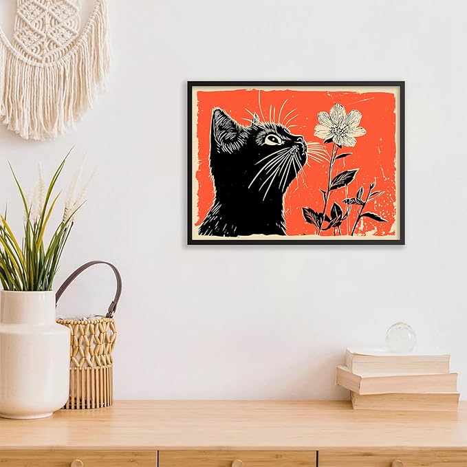 Black Cat Posters Vintage Animal Botanical Wall Art Cute Cat Sniffing Flower Canvas Painting Gift For Cat Lover 24x36 inch Black Framed Living Room Gallery Wall Decor
