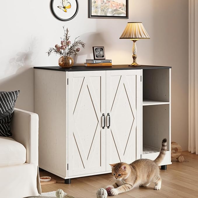 Large Litter Box Enclosure with Litter Collector & Dog-Proof Shelf, Hidden Litter Box Furniture for Self Cleaning Litter Box, Wodden Litter Box Cabinet, Cat Box Enclosure, Side Table, White