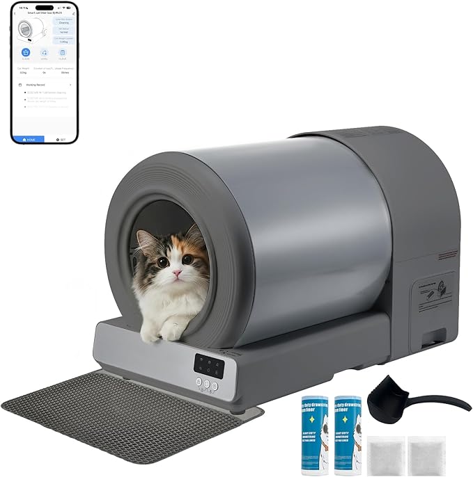 Stainless Steel Self-Cleaning Cat Litter Box, Smart APP Control Automatic Litter Box with Safety Sensors, Odor Control, Low-Entry, Large Capacity Design for Multiple Cats (Grey)