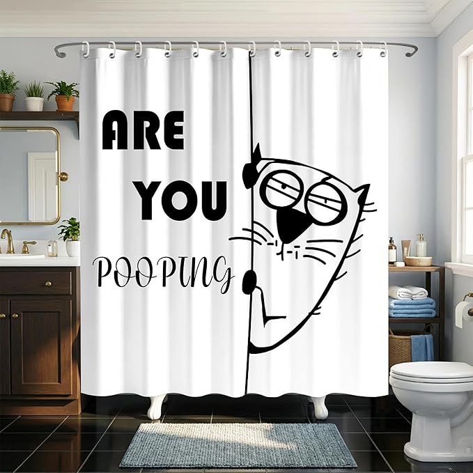 Humor White and Black are You Pooping Shower Curtain,Funny Silly Cat Shower Curtains,Novelty Waterproof Polyester Minimalism Bathroom Decor,72x72 in