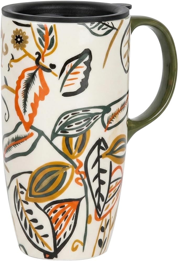 Topadorn 17oz Ceramic Coffee Travel Mug - Leak-Proof Lid, Handcrafted Leaf Pattern Tea & Latte Cup