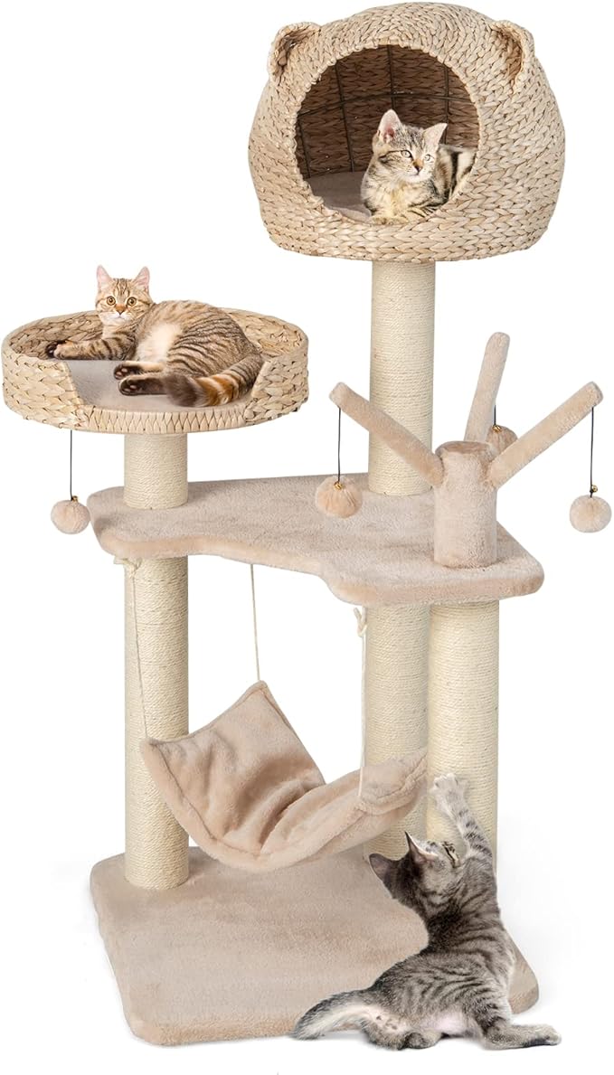 Tangkula Modern Cat Tree Tower, Multi-Level Tall Activity Center with Natural Sisal Scratching Posts, Hammock, Hand-Made Cattail Cute Condo with Funny Toy Balls