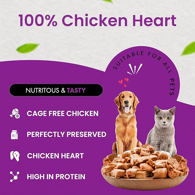 Chicken Hearts for Dogs | Cat Treats Freeze Dried, 100% Human Grade, Single Ingredient | High Protein Cat & Dog Food Toppers | No additives or Preservatives | Inspected & Tested in USA | 1.4 oz.