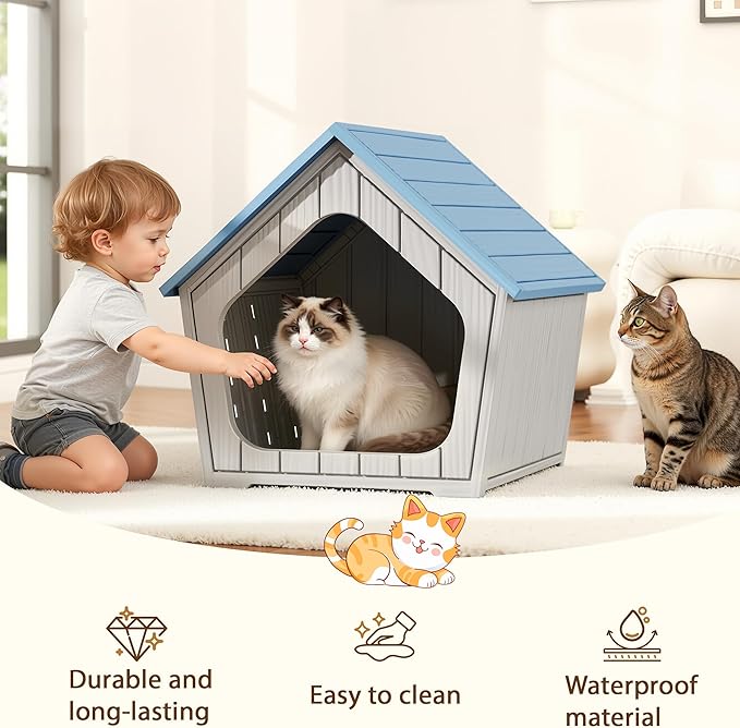 Cat Litter Box Enclosure, Hidden Covered Litter Box Furniture with Air Holes, Resin Outdoor Cat House Weatherproof, Wide Opening Design for Easy Cleaning, Blue
