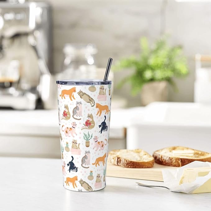 Cat Tumbler 20oz Cute Cats Stainless Steel Insulated Tumblers with Lid and Straw Animal Travel Coffee Mug Tea Wine Cups Water Bottle Cats Gifts for Women Cat Lover