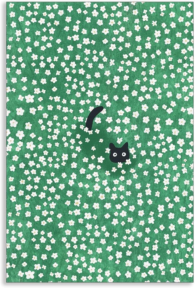 Black Cat Canvas Wall Art, Cute Cat In Daisies Meadow Aesthetic Poster, Adorable Animal Picture Rich Green Print Painting for Bedroom, Nursery Wall Decor Pet Lover Gift 8x10in Unframed