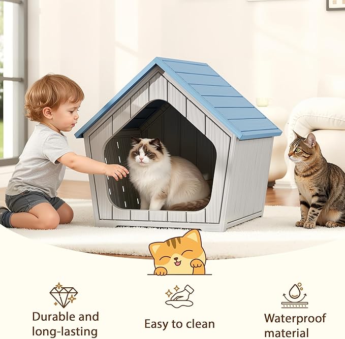 Cat Litter Box Enclosure, Resin Enclosed Litter Box Furniture with Air Holes, Outdoor Cat House Weatherproof, Wide Opening Design for Easy Cleaning, Blue