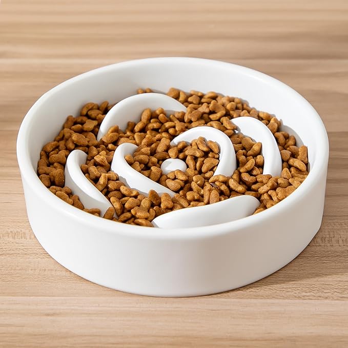 6'' Ceramic Slow Feeder Dog Bowls - Petal Shape Modern Dog Food Dish for Cats and Small Breed Dogs, Puzzle Maze Bowl to Slow Down Eating, Anti-Gulping, Dishwasher & Microwave Safe, White