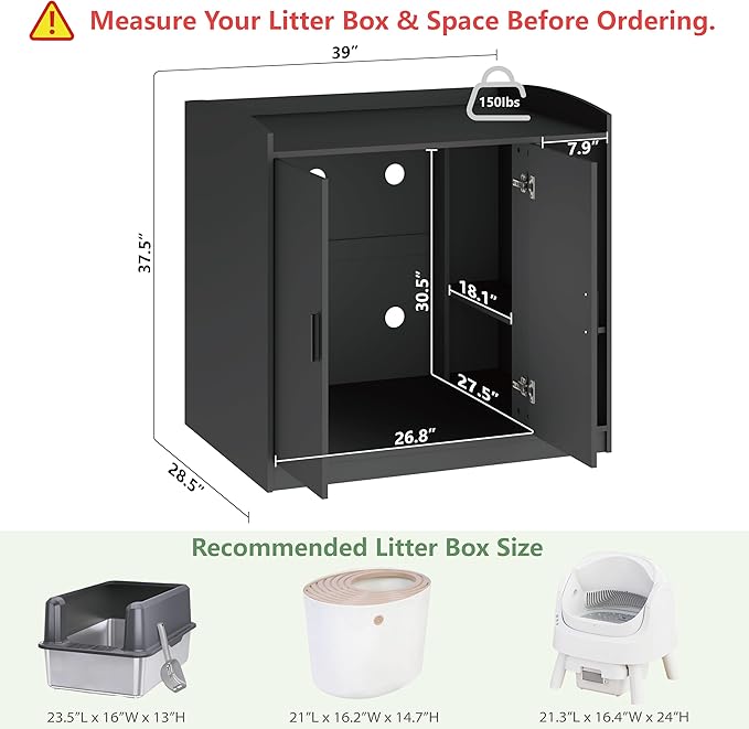 Extra Large Litter Box Enclosure with Adjustable Dog Proof Shelf - Designed for Self-Cleaning and XXL Litter Boxes (Black)