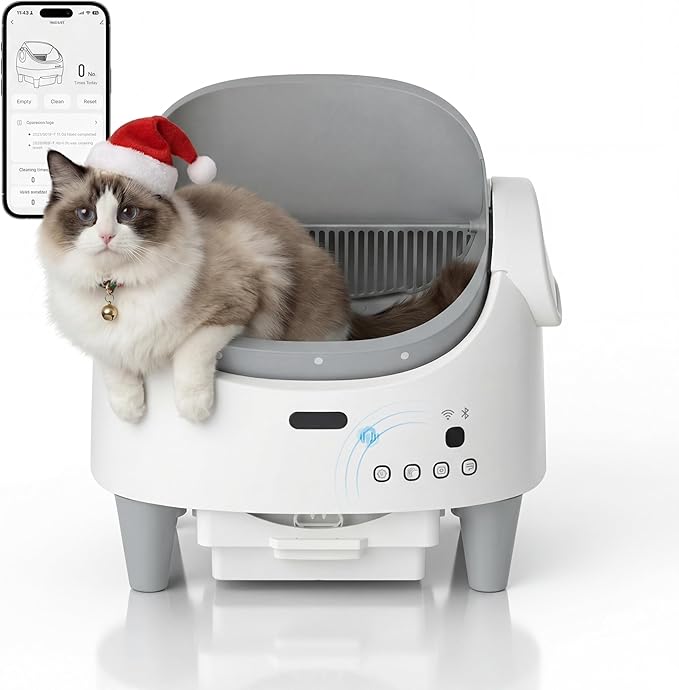Automatic Self-Cleaning Cat Litter Box with Open-Top Design, App-Controlled Electric Litter Box for Multiple Cats, Adjustable Entry Height, Multi-Sensor Safety System, Includes 1 Roll Trash Bags