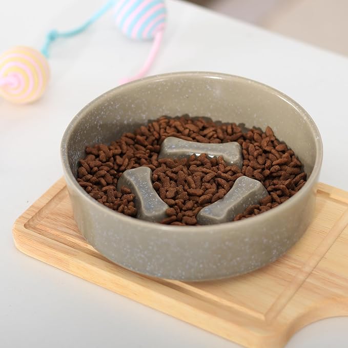 Ceramic Slow Feeder Cat Bowls 6 Inch Cute Bone Slow Feeding Dog Food Bowl,Whisker-Friendly, Anti-Vomiting Feeder for Cats and Small Dogs Non Slip Dishwasher/Microwave Safe (Grey)