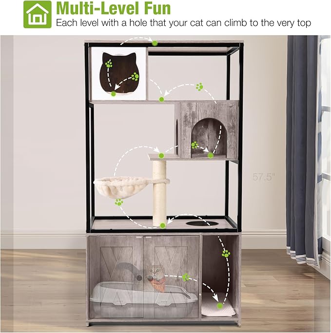 GUTINNEEN All-in-One Cat Litter Box Enclosure Hidden Litter Box Furniture with Cat Tree, Scratching Post, Cozy Cat Cave, Hanging Hammock, Storage Cabinet, Durable & Space-Saving (Grey)