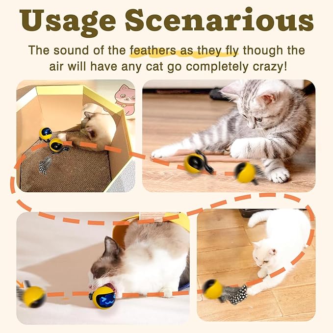 Moving Ball Cat Toys with Feather Tail, Rechargeable 2025 New Interactive Toy with Remote Control for Indoor Cats Exercise, Smart Interactive Kitten Rolling Ball