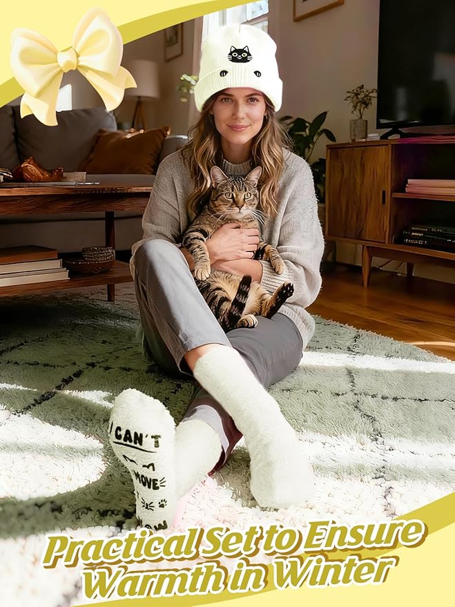 Cat Beanie and Funny Socks for Women - Cute Warm Gifts for Cat Lovers