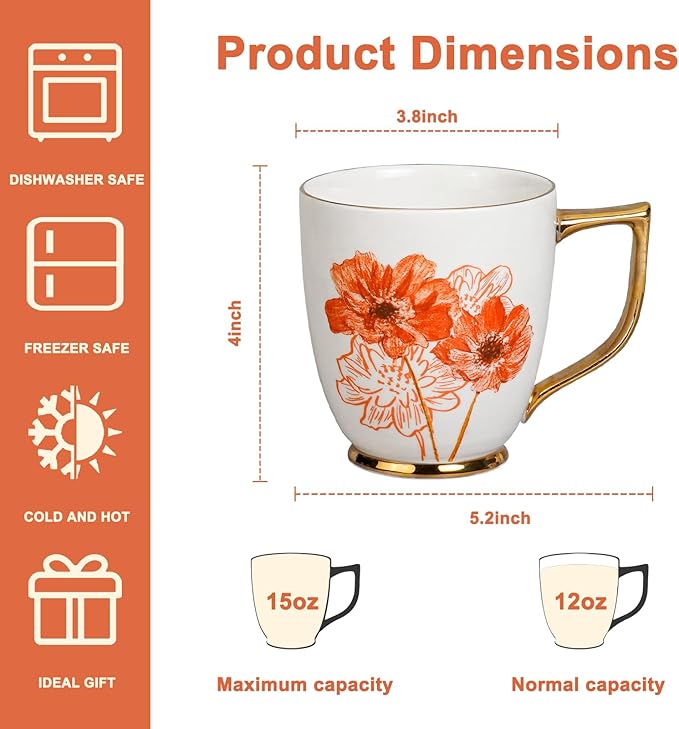 Ceramic Daisy Cup - 15 oz Coffee Mug for Tea Mocha Latte, Porcelain Flower Cup for Home and Office, Thanksgiving Christmas Gifts