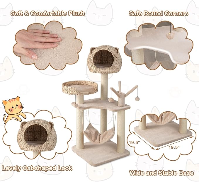 Tangkula Modern Cat Tree Tower, Multi-Level Tall Activity Center with Natural Sisal Scratching Posts, Hammock, Hand-Made Cattail Cute Condo with Funny Toy Balls