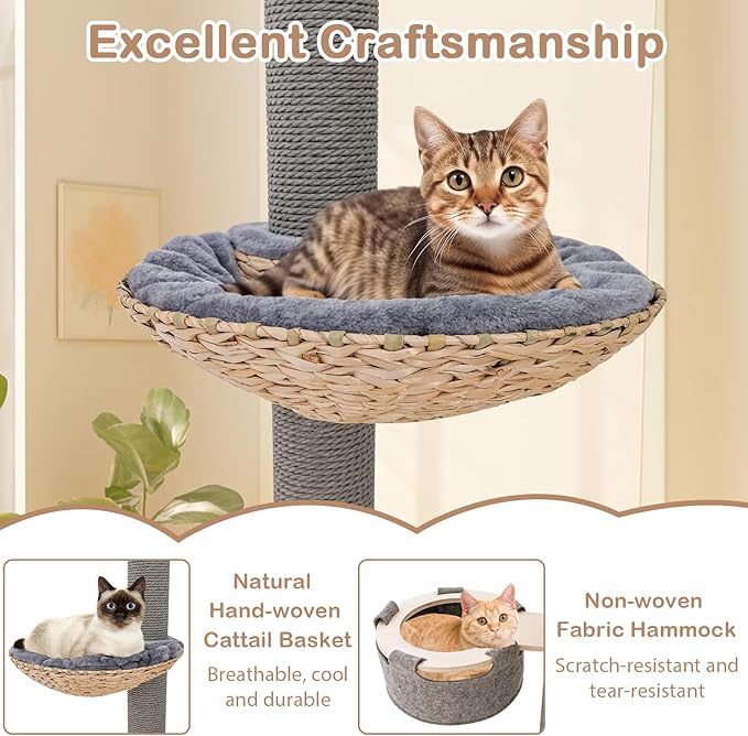 Tangkula Floor to Ceiling Cat Tree, Tall Cat Tower with Adjustable Height (93-107 Inch) for Large Cats, 5 Tier Cat Climbing Pole with Scratching Post, Cattail Basket Bed, Hammock for Indoor Cats