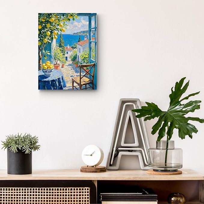 Italy Coast Wall Art, Nature Landscape Watercolor Painting Framed Canvas Print Modern Home Decor, Summer Aesthetic Italian Lemon Prints for Living Room Kitchen Farmhouse Decorations 15x11.4 inch