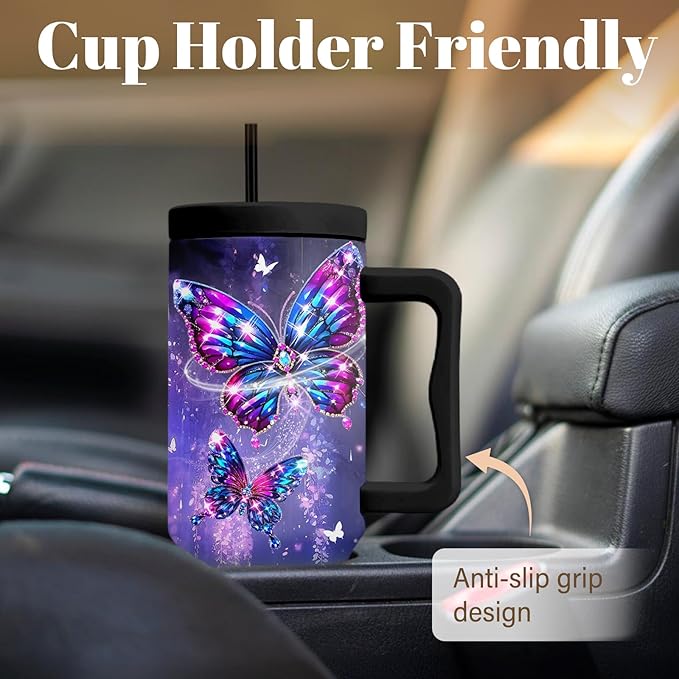 Butterfly Gifts For Women, Butterfly Cup Leak Proof Tumbler With Handle 40 Oz, Birthday Christmas Gifts For Women Girl Wife, Purple Gem Bling Cup, Christmas Travel Coffee Tumbler